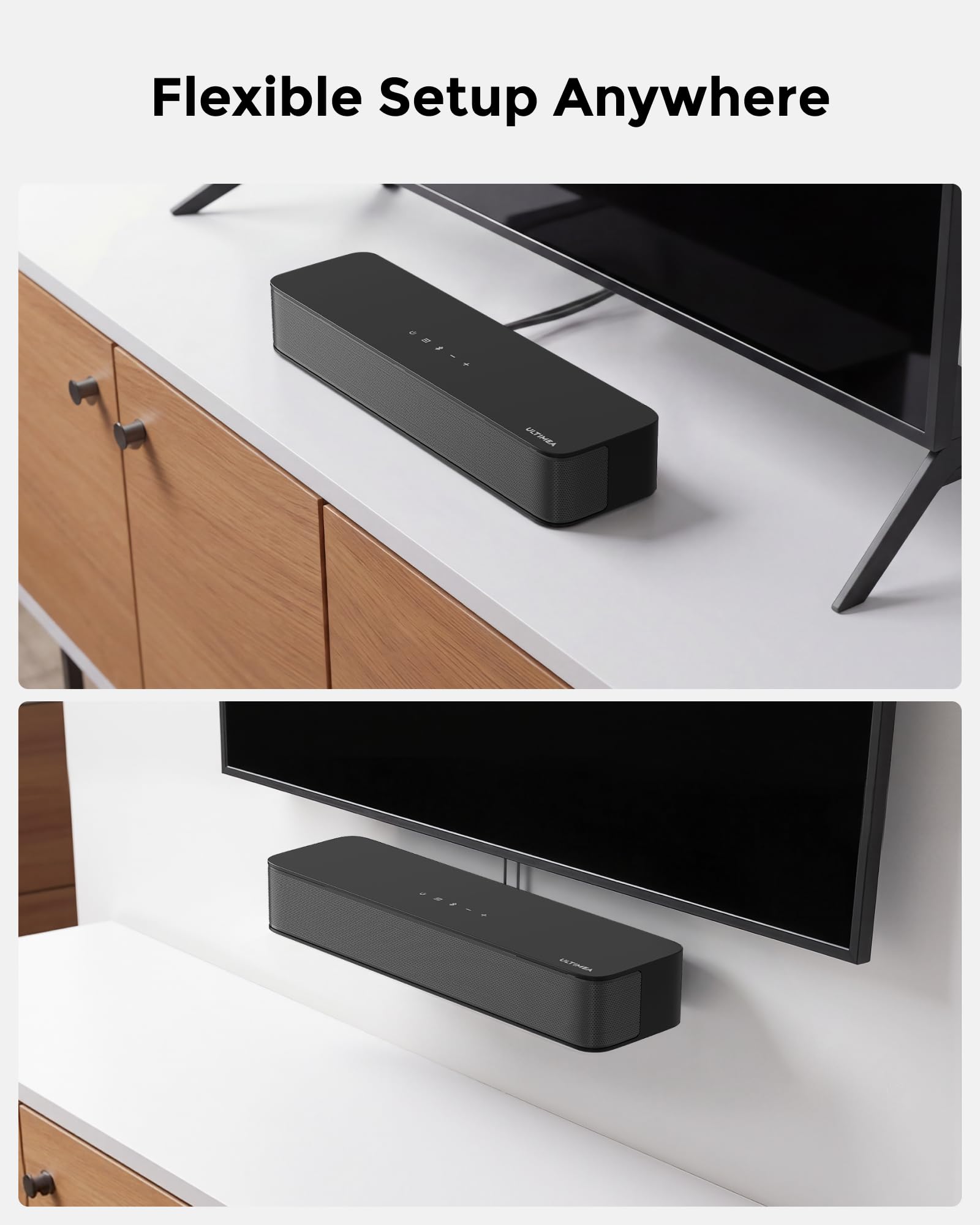 ULTIMEA sound bar on TV stand scale comparing compact size to screen