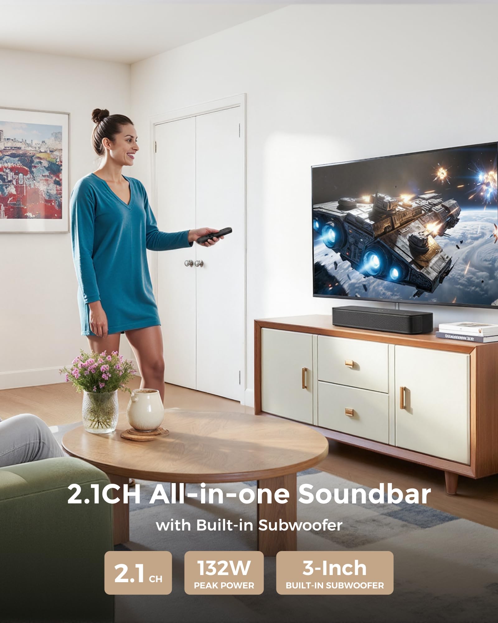 ULTIMEA sound bar top controls detail with tactile buttons and simple operation