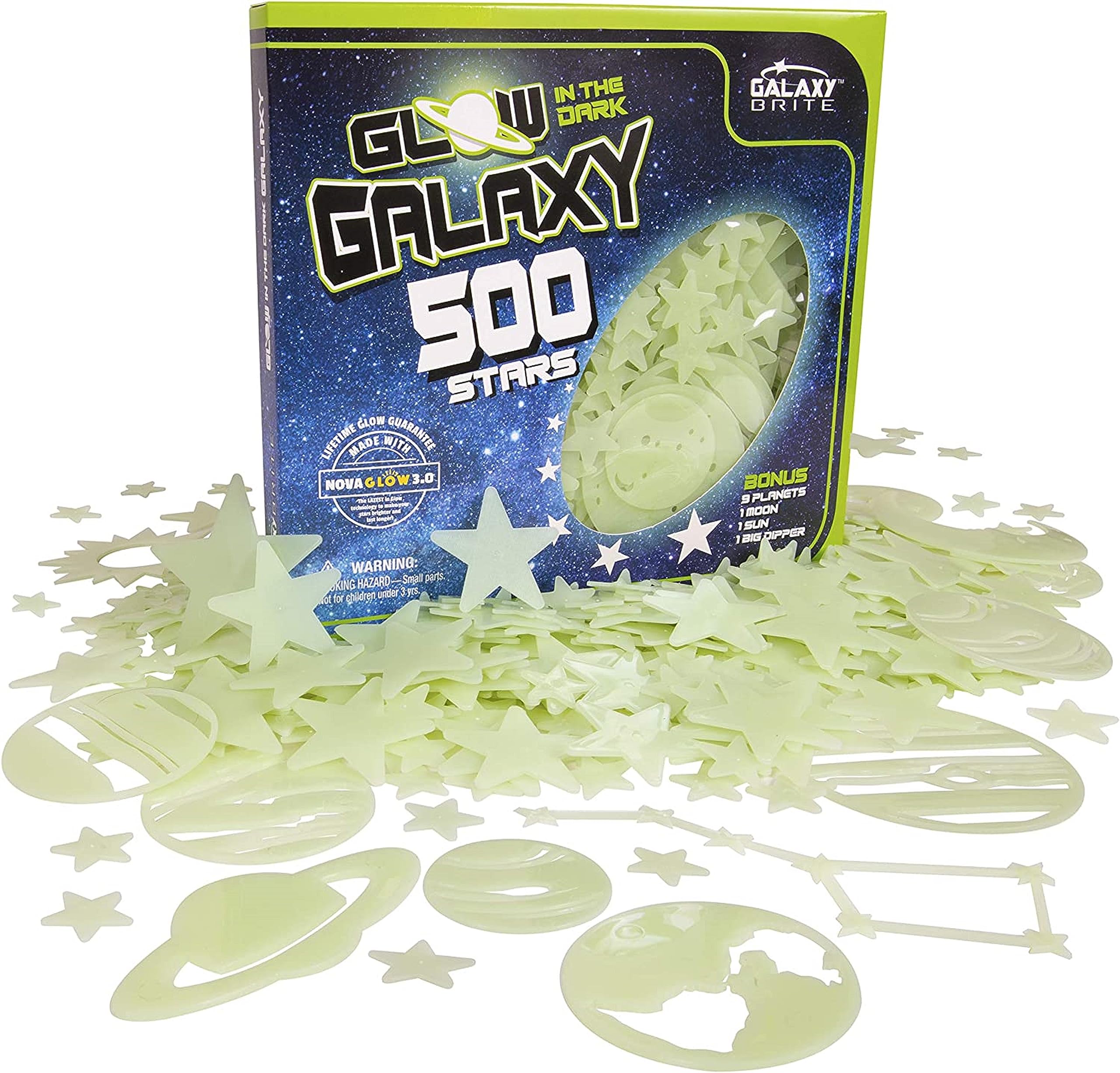 Ultra-Glow Super Stars Narwhal Novelties frontal del paquete con 500 piezas, fácil identificación