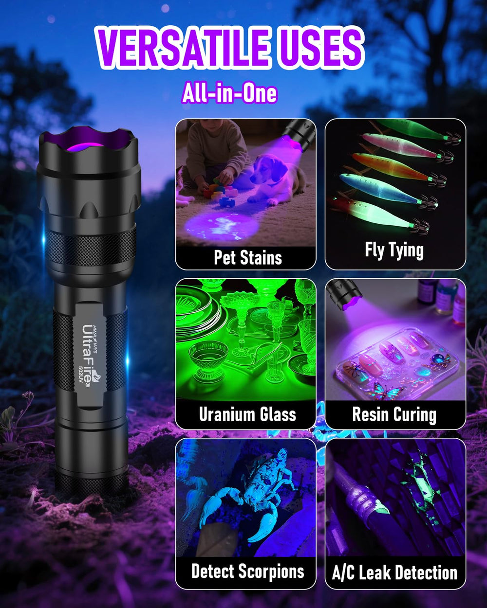 ULTRAFIRE linterna en uso revelando manchas de mascota, detección eficaz
