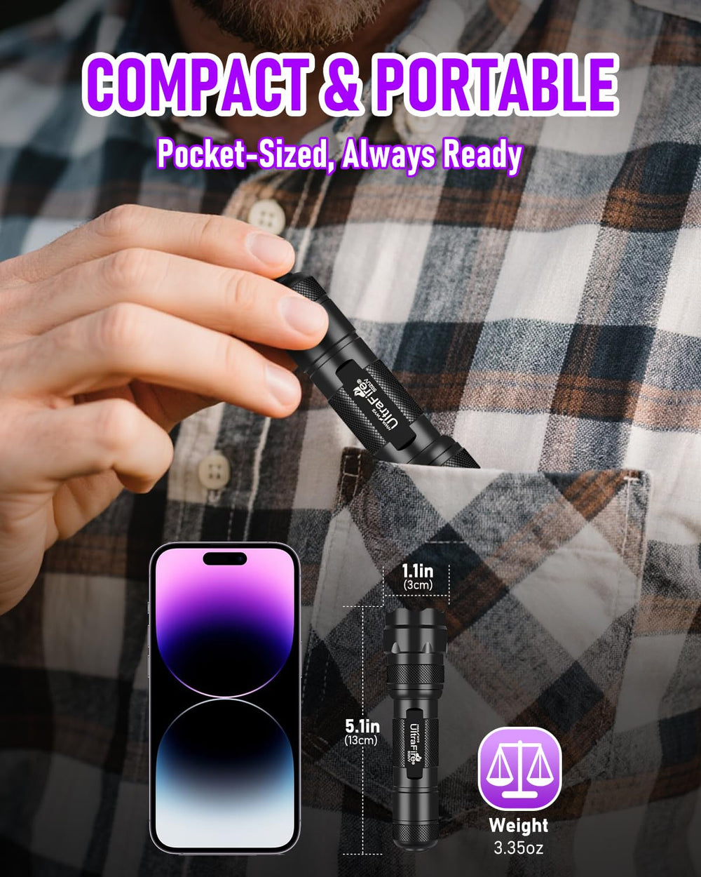 ULTRAFIRE etiqueta con especificaciones 395–405nm y características técnicas