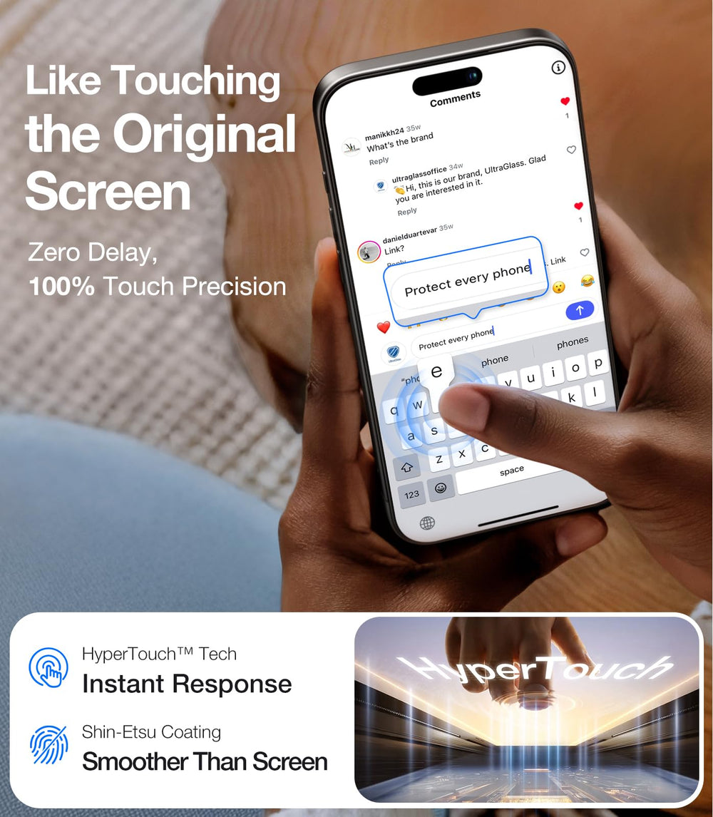 UltraGlass comparación de grosor, resistente pero manteniendo sensibilidad táctil