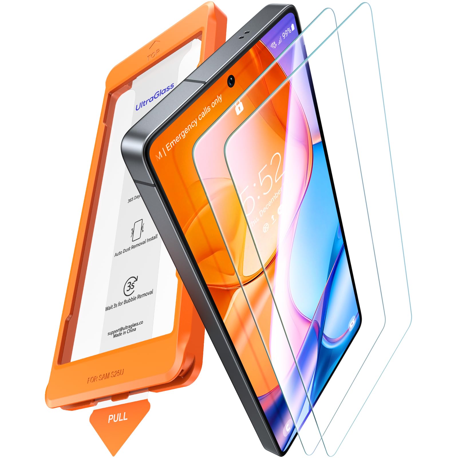UltraGlass vista frontal del protector y empaque mostrando ajuste perfecto
