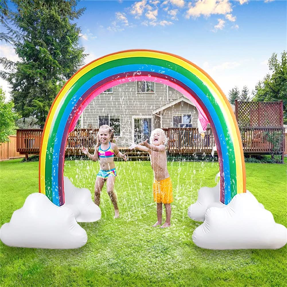 UMEELR front view of inflated rainbow sprinkler showing full colorful arch for backyard fun