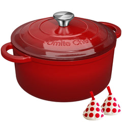 Umite Chef front view of red Dutch oven showing full pot and lid, highlighting durable design