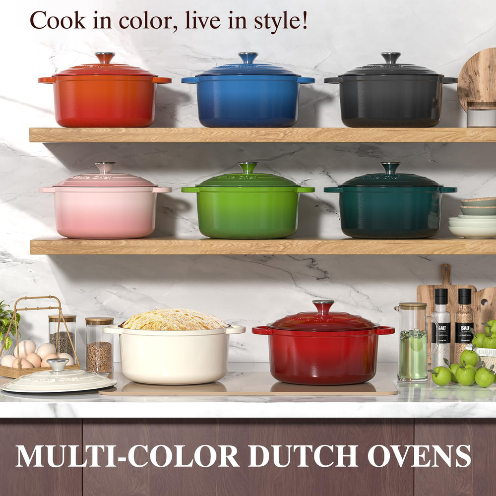 Umite Chef five-quart Dutch oven beside measuring cups for size comparison, showing family capacity