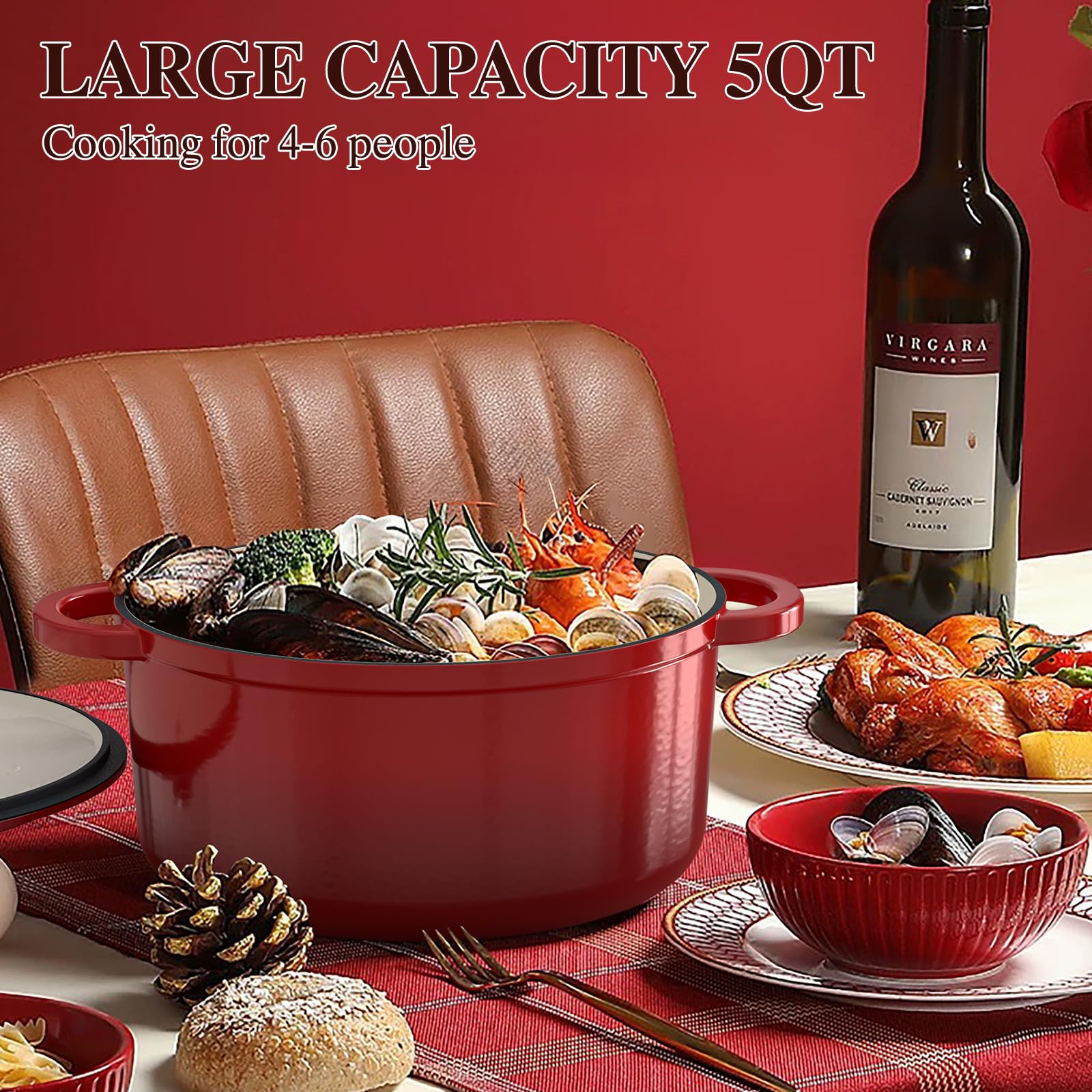 Umite Chef red Dutch oven paired with included cotton potholders, demonstrating safe handling