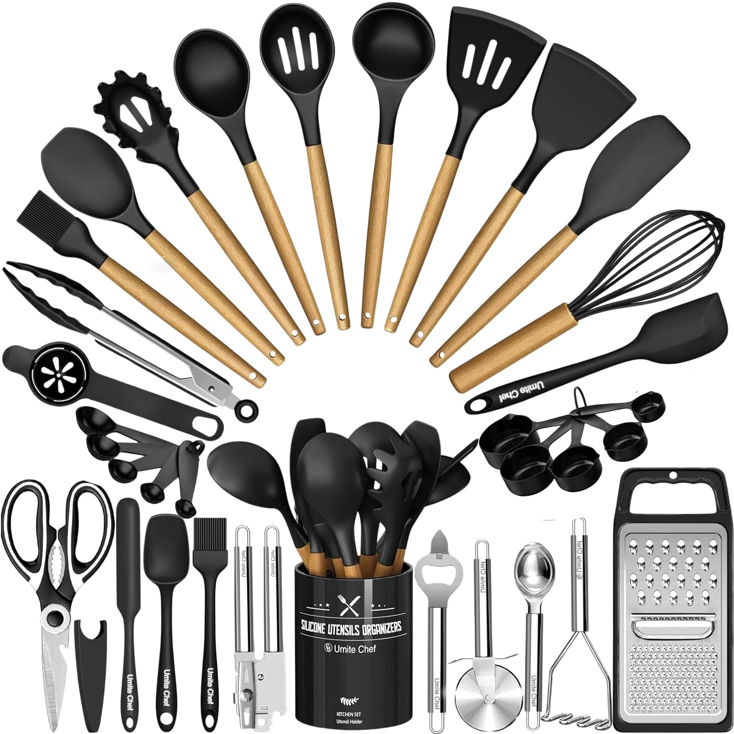 Umite Chef vista frontal del set 34 piezas con soporte, organización inmediata