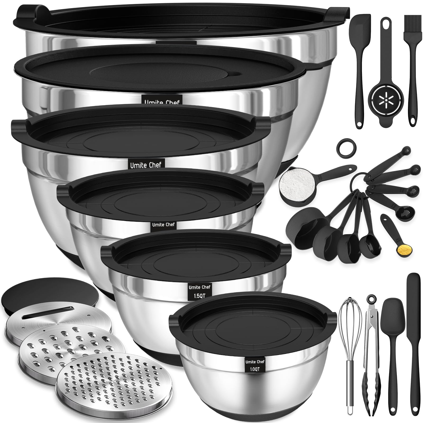 Umite Chef vista frontal del set completo mostrando bols y accesorios, orden y ahorro de espacio