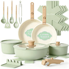 Umite Chef front view of 21-piece sage green set showing complete contents and organized layout benefit