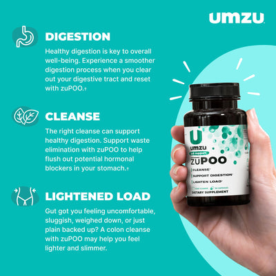 UMZU zuPOO ingredient display highlighting Cascara Sagrada and magnesium for cleansing support