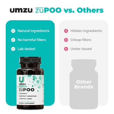 UMZU zuPOO natural ingredients—fennel seed, ginger, apple cider vinegar—depicted for digestive comfort