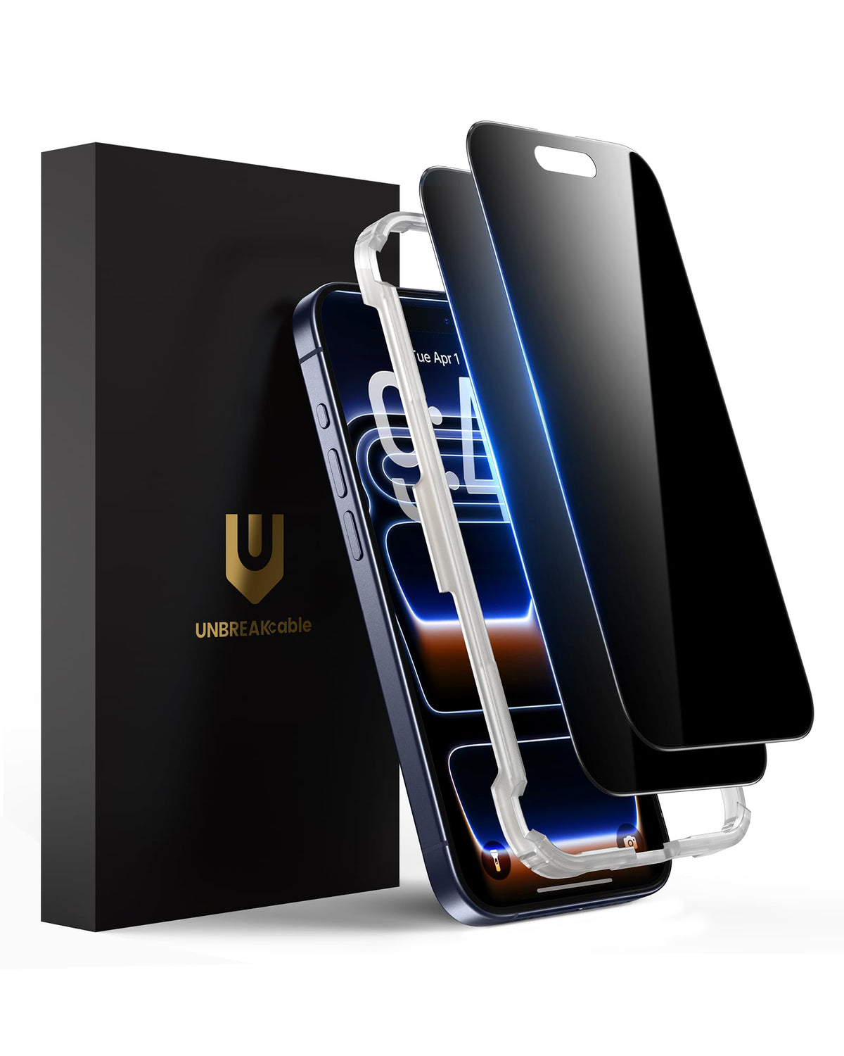 UNBREAKcable protector de privacidad frontal mostrando empaquetado y beneficios