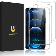 UNBREAKcable protector frontal en caja mostrando compatibilidad con iPhone 12 y 12 Pro