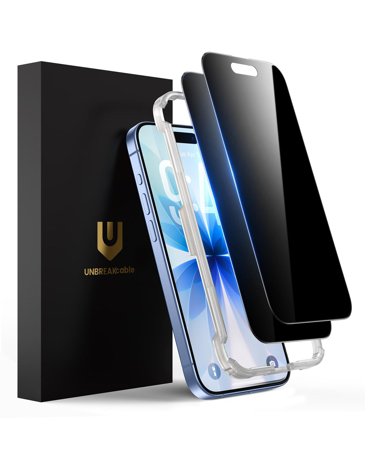 UNBREAKcable protector frontal en paquete doble mostrando el embalaje y beneficio de privacidad