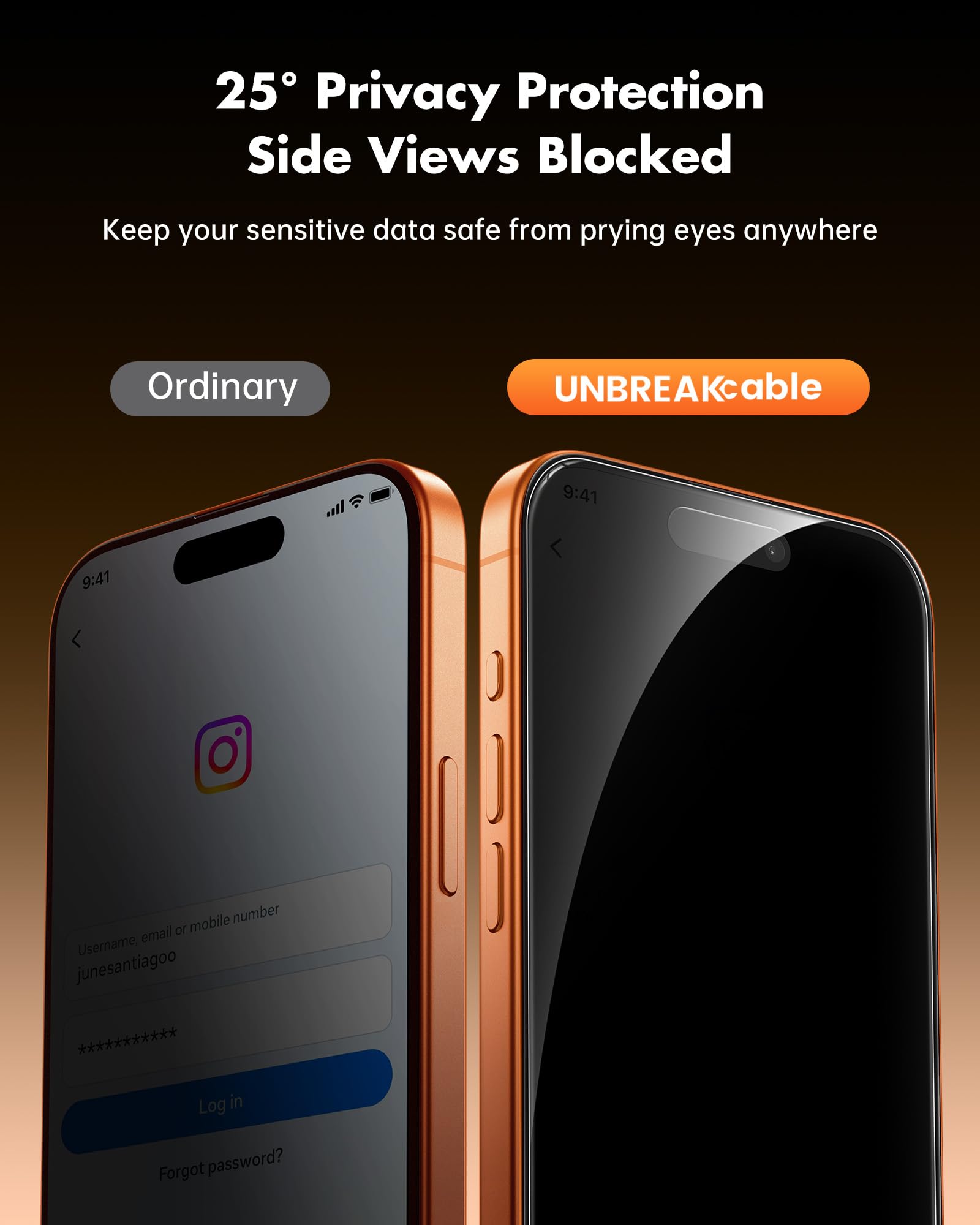 UNBREAKcable protector colocado en iPhone 17 Pro Max protegiendo pantalla y privacidad
