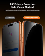 UNBREAKcable protector colocado en iPhone 17 Pro Max protegiendo pantalla y privacidad