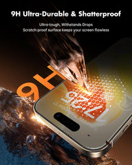 UNBREAKcable protector montado en iPhone 15 Pro Max demostrando claridad frontal