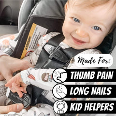 UnbuckleMe en uso liberando hebilla de asiento infantil con menos fuerza