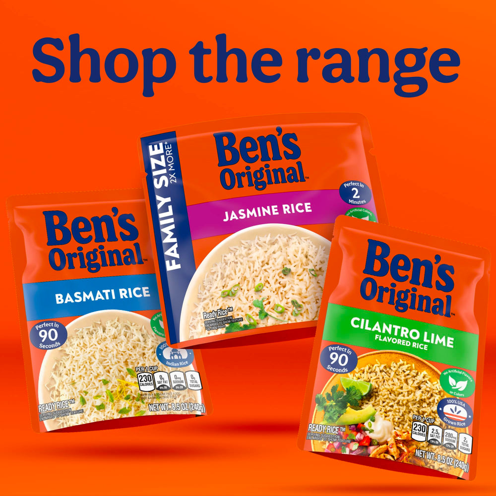UNCLE BEN'S comparación de porción junto a utensilios para escala visual