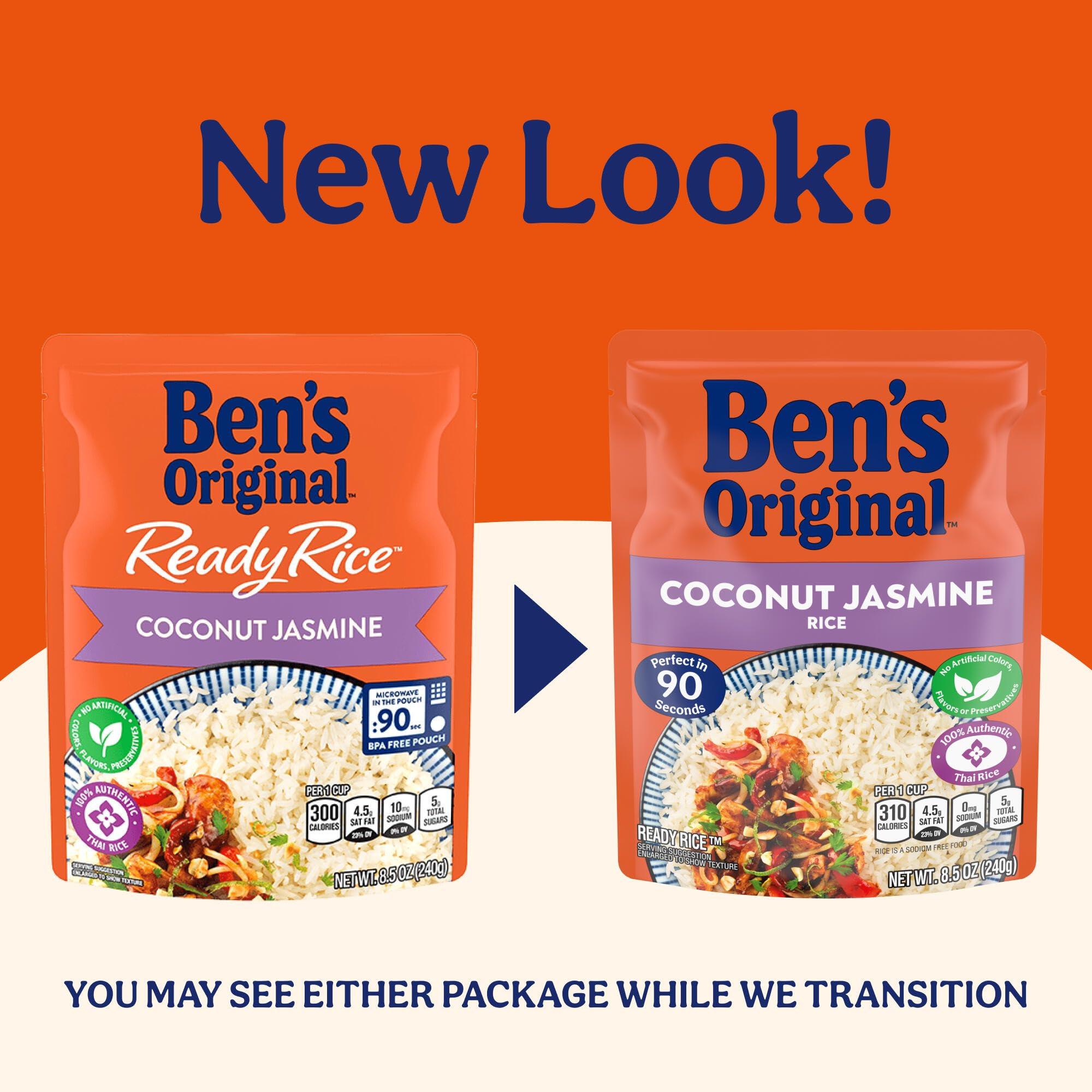UNCLE BEN'S textura del arroz jazmín con coco, apariencia esponjosa y fragante