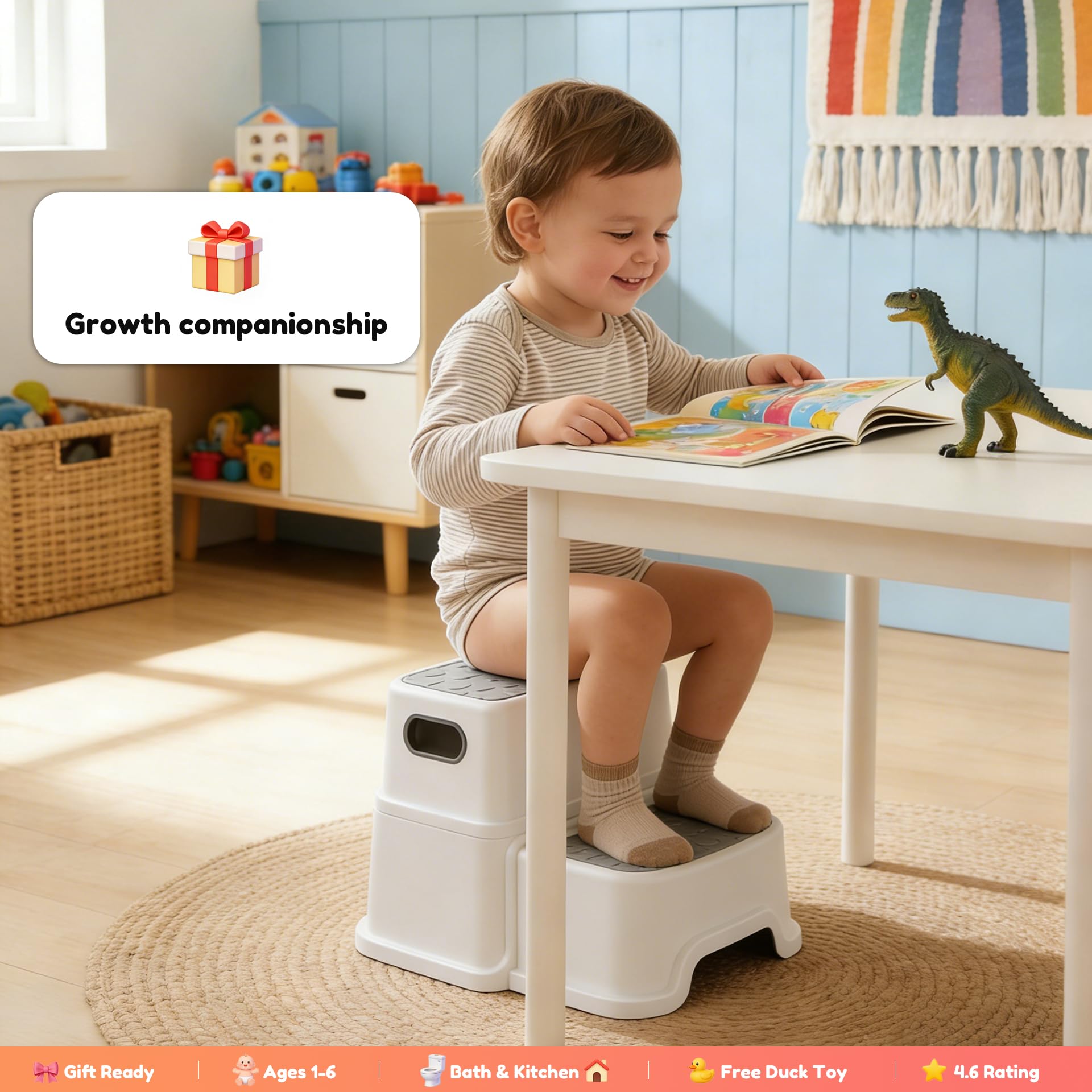 UNCLE WU niño usando el taburete en lavabo fomentando autonomía