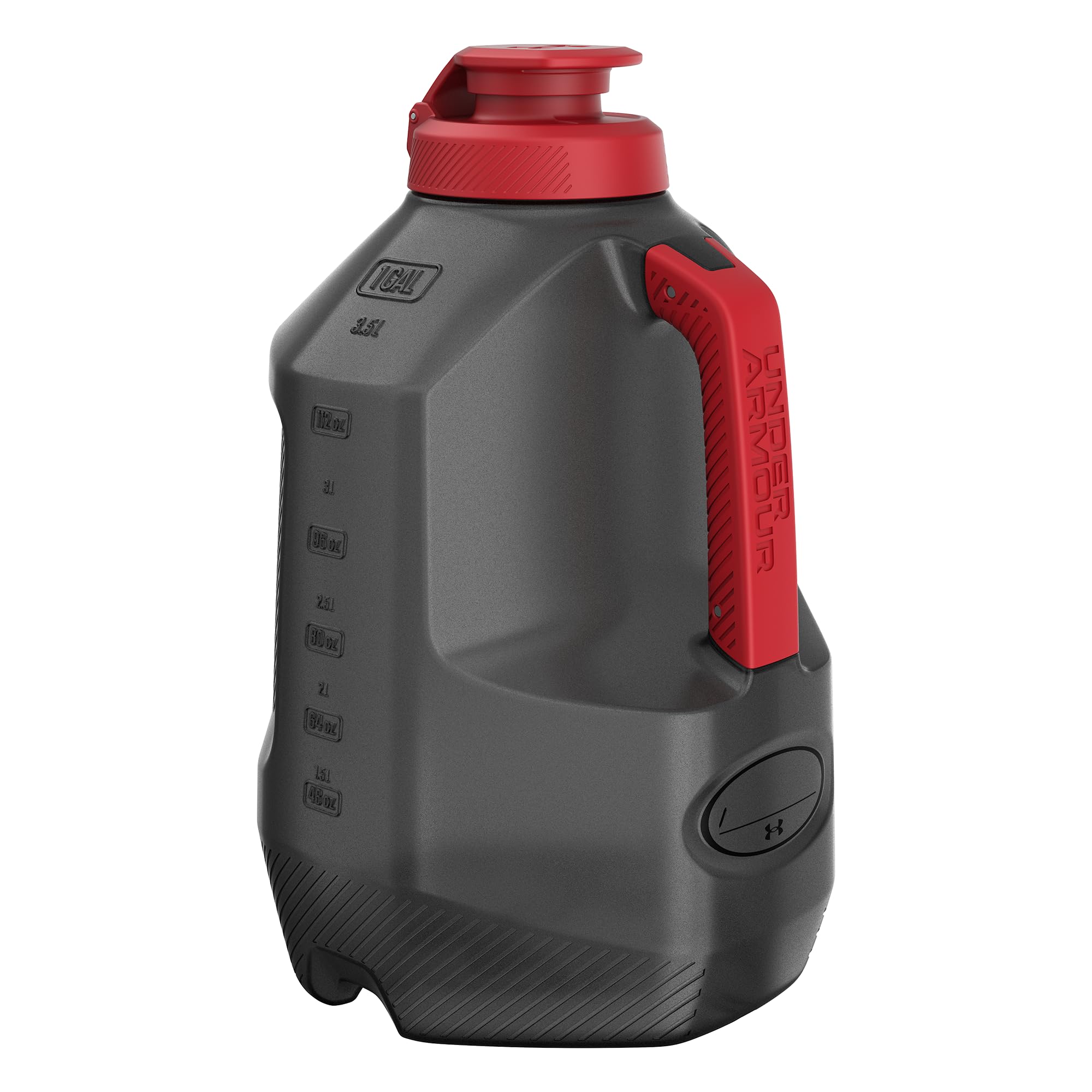 Under Armour botella frontal negra mostrando capacidad y diseño resistente