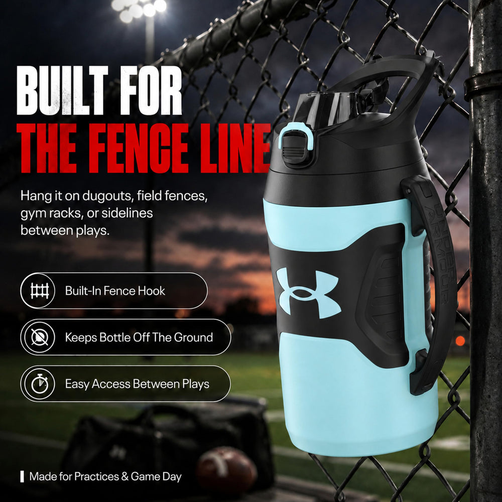 Under Armour botella junto a una mano para mostrar tamaño y escala