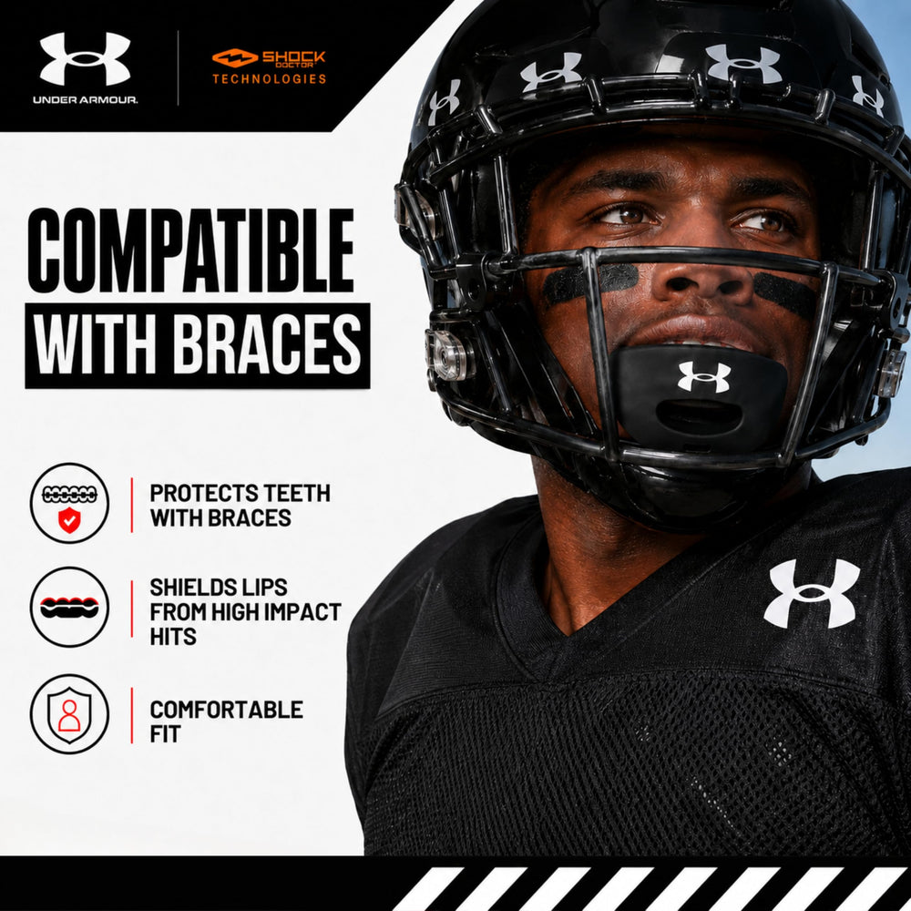 Under Armour protector bucal colocado en casco demostrando uso real