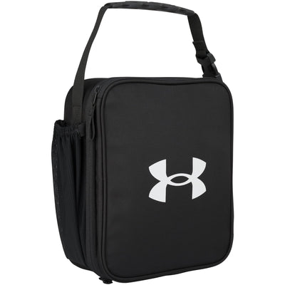 Under Armour front view of lunchbox showing logo and crush-resistant shell for protection