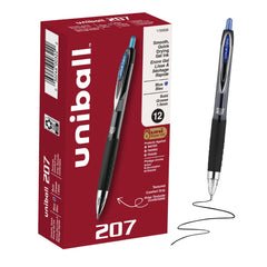 Uni-Ball 207 paquete frontal mostrando 12 bolígrafos para suministro confiable