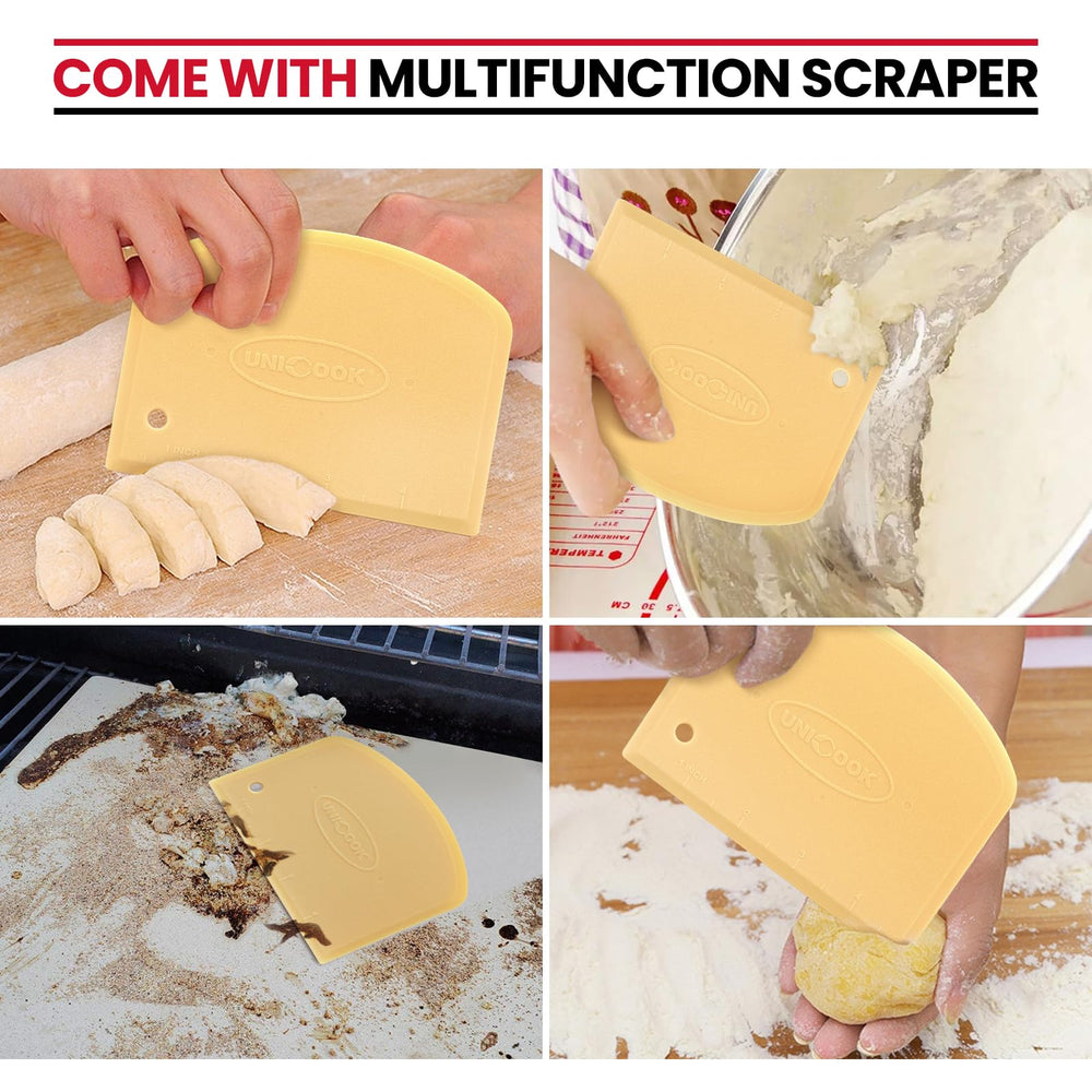 Unicook plastic dough cutter beside stone showing cleaning and dough-handling utility