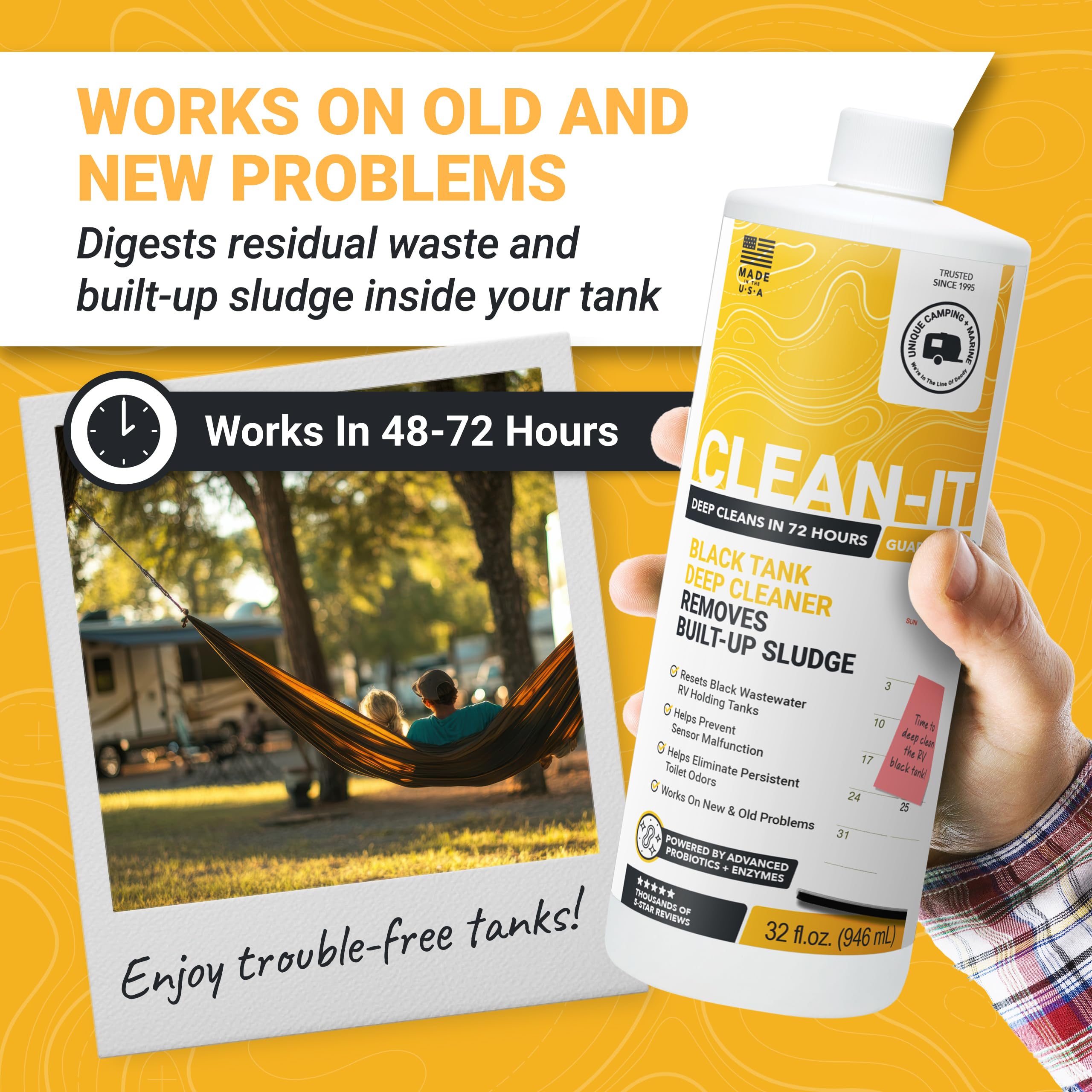 Unique Clean-It en uso vertiéndose en un tanque RV para limpieza profunda