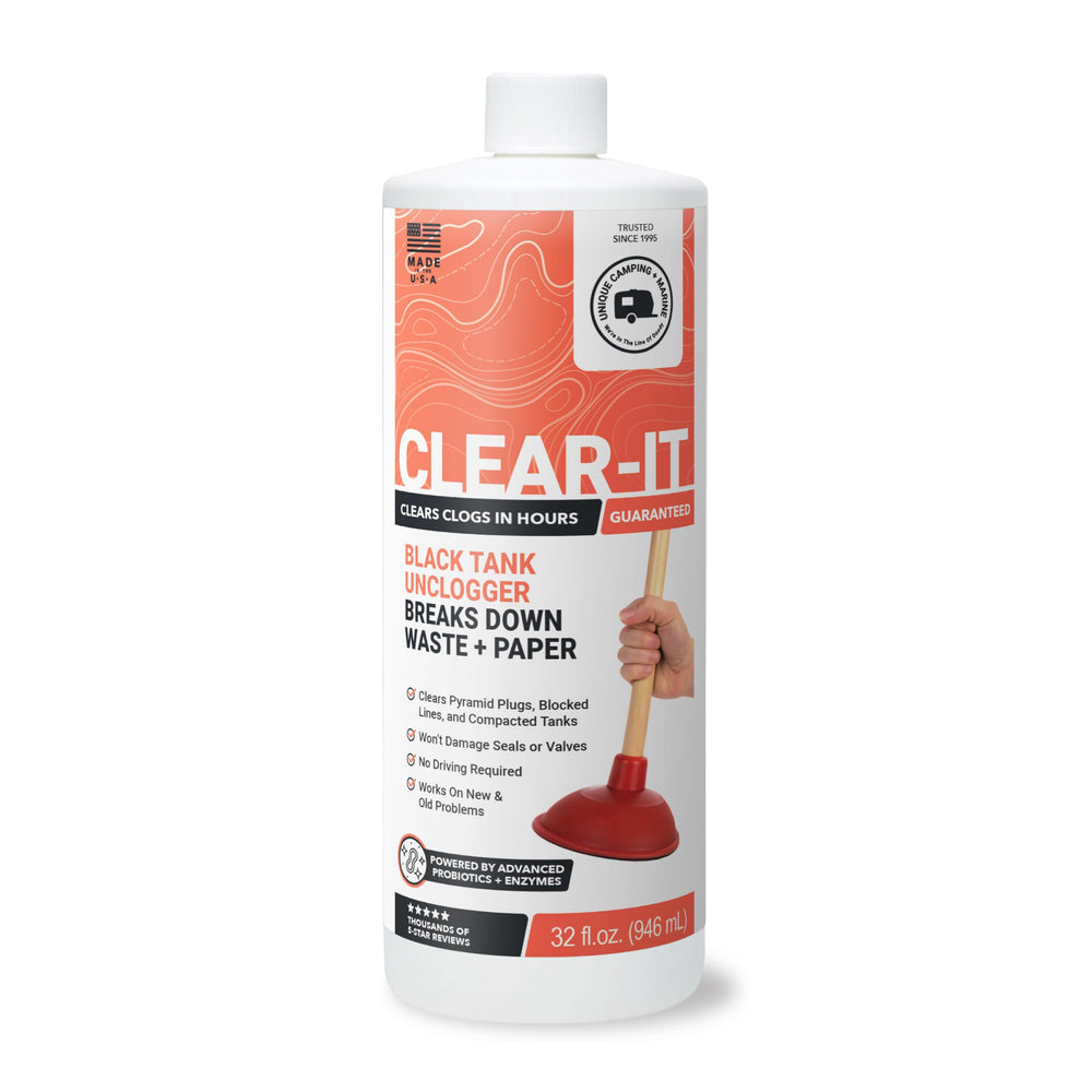 Unique Clear-It frontal 32 oz mostrando envase y beneficios de limpieza