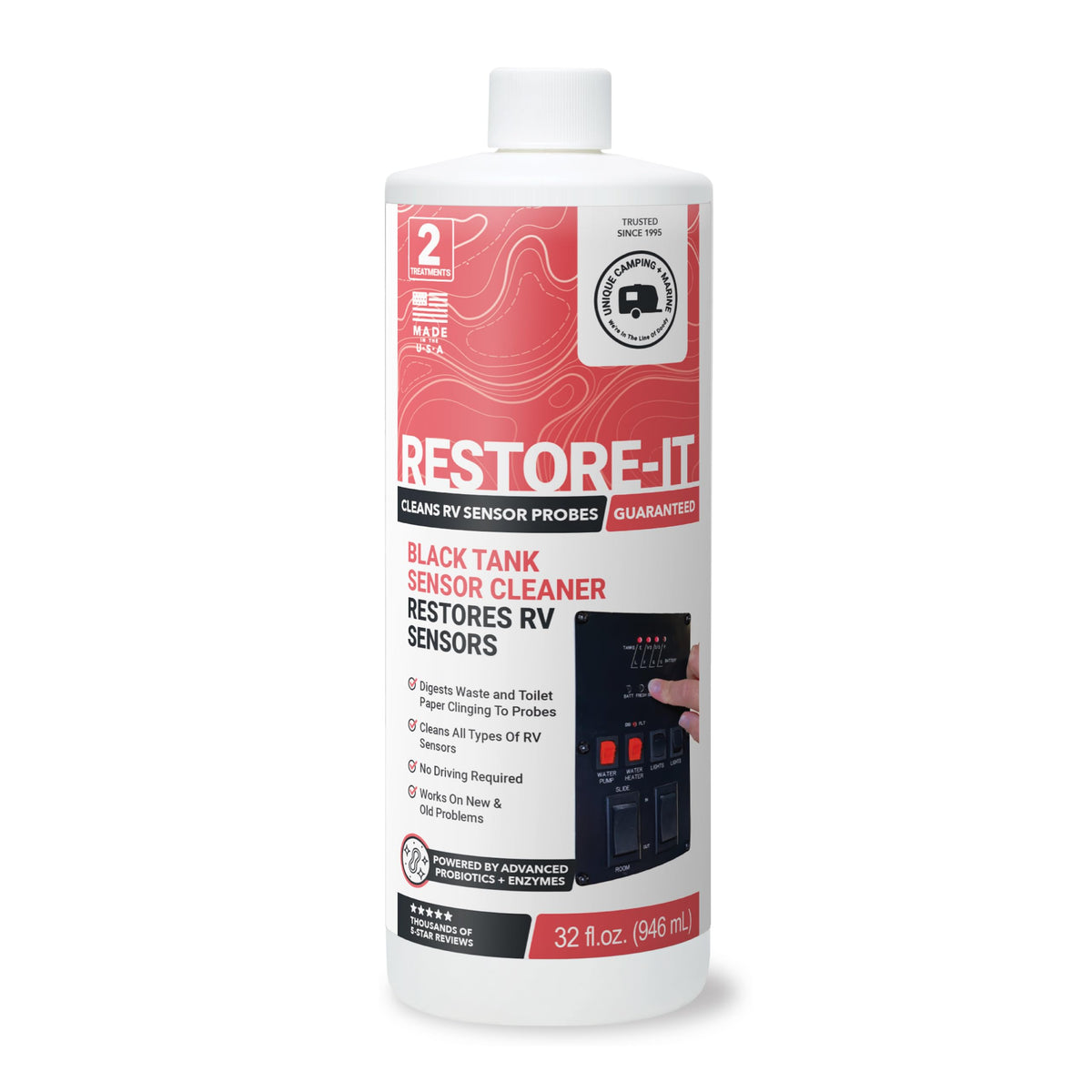 Unique restore‑it frente del envase mostrando botella de 32 oz y facilidad de uso