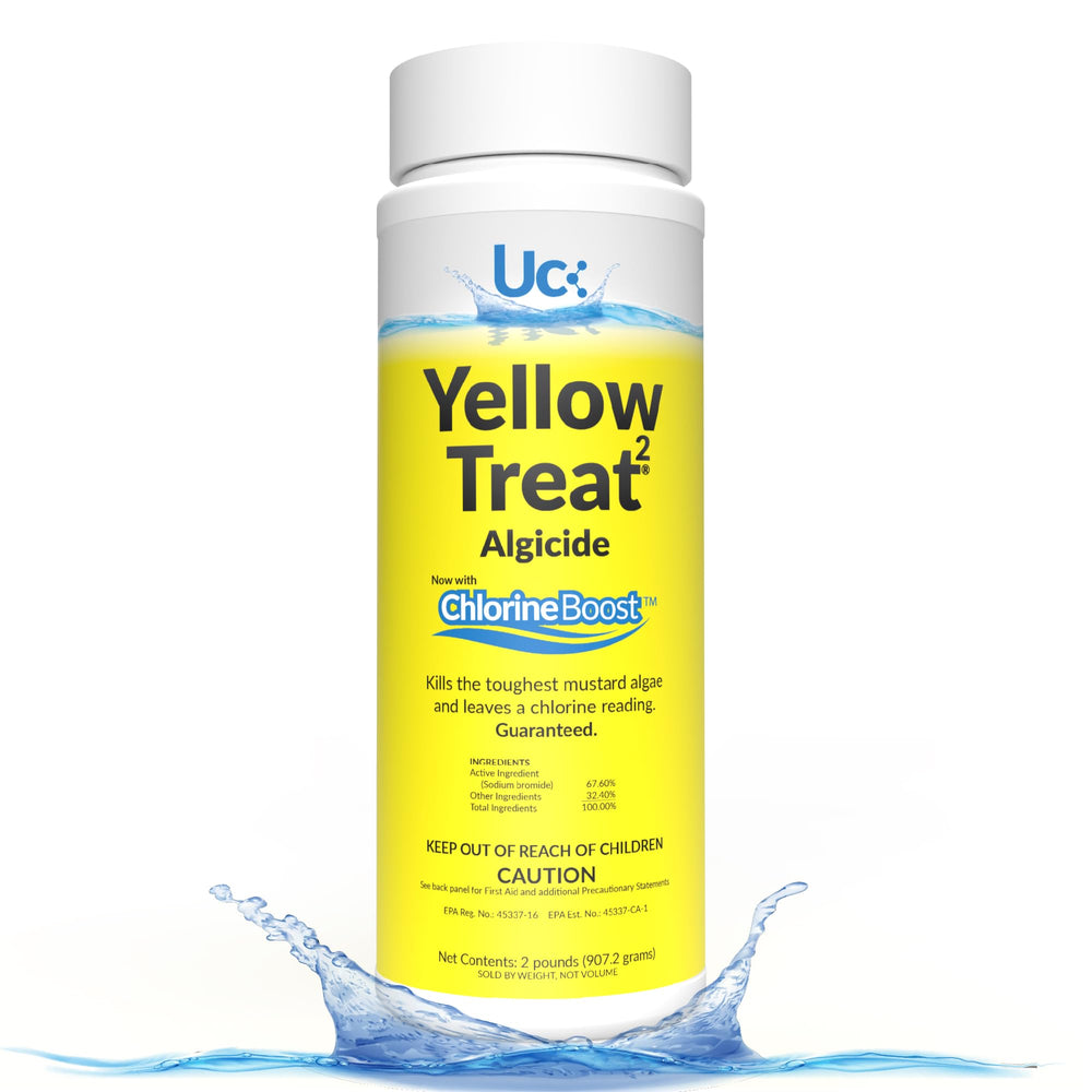 United Chemical Yellow Treat poured into pool, demonstrates fast treatment and clearer water