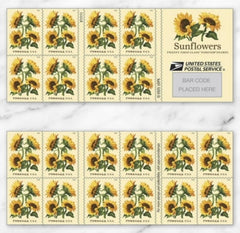 United States Postal Service sello frontal mostrando girasoles, añade carácter a tu correo