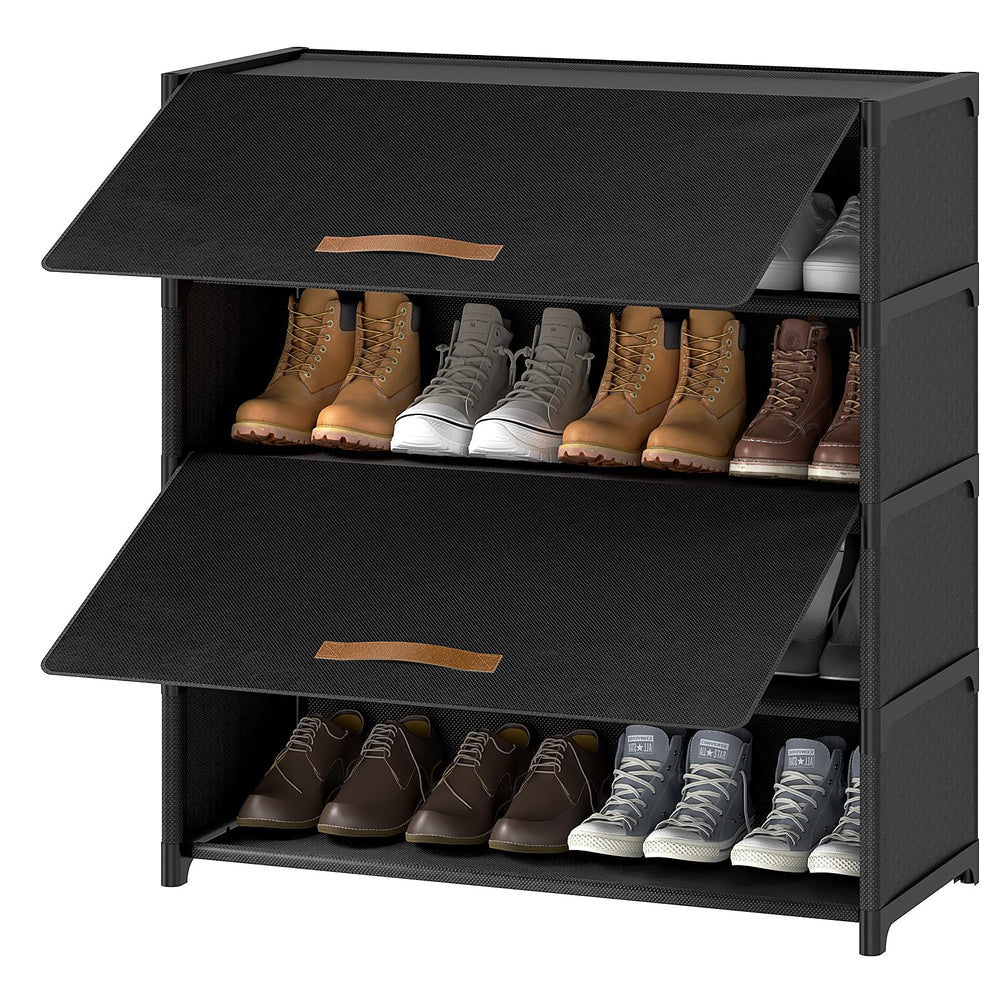 UNITSTAGE front view showing black 5-tier shoe cabinet and neat storage benefit