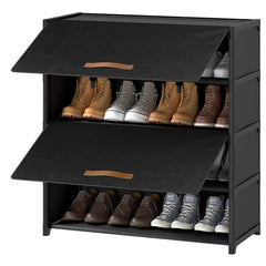 UNITSTAGE front view showing black 5-tier shoe cabinet and neat storage benefit