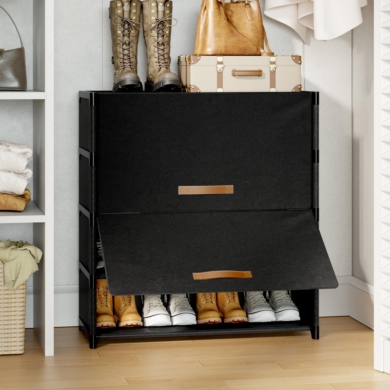 UNITSTAGE close-up of fabric shelf texture and water-resistant easy-clean benefit
