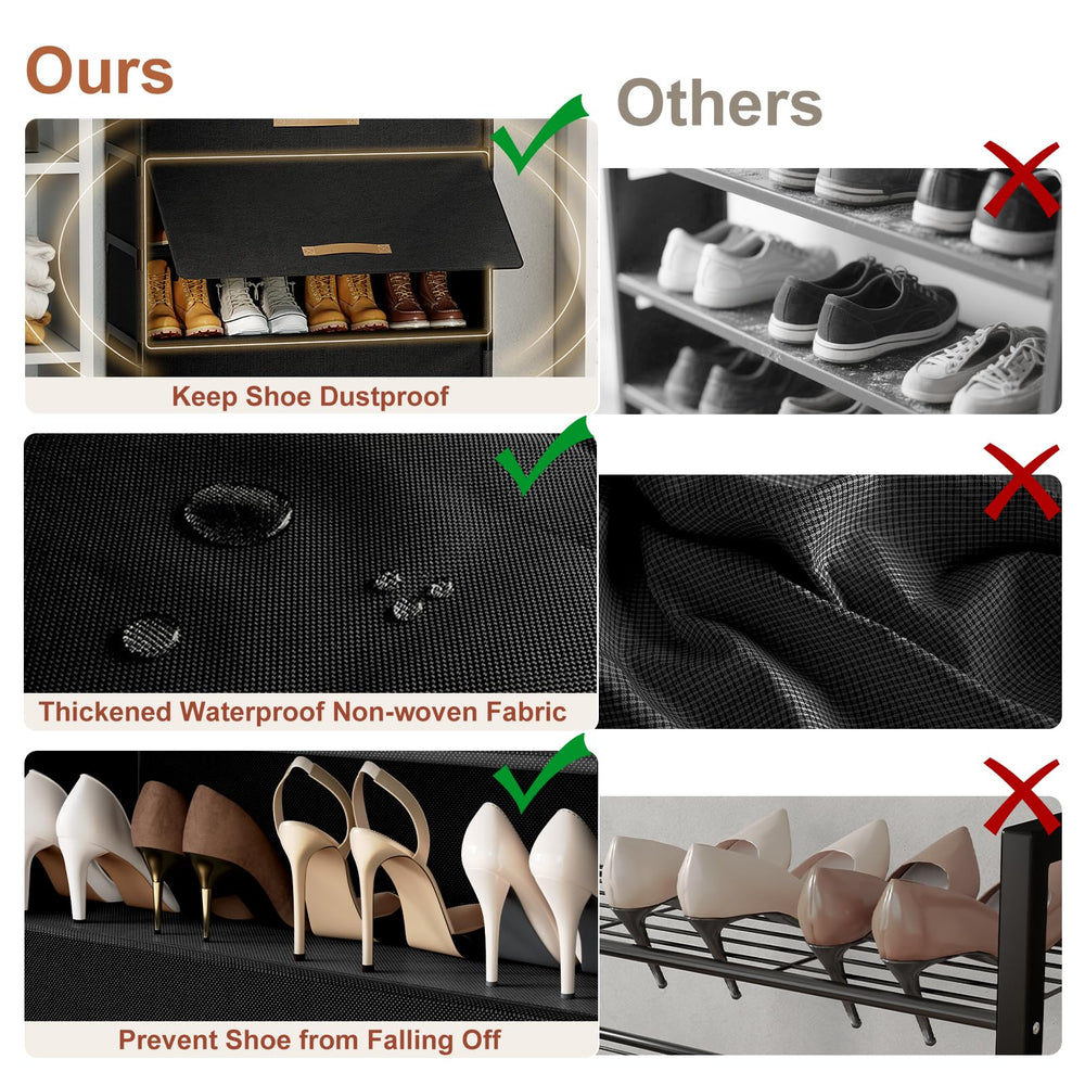 UNITSTAGE shelves loaded with shoes illustrating 20-pair capacity and decluttering benefit