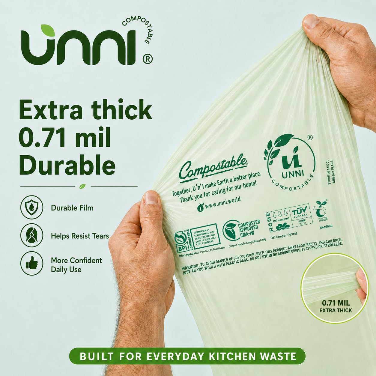 UNNI etiqueta con certificaciones BPI CMA y OK compost HOME visible