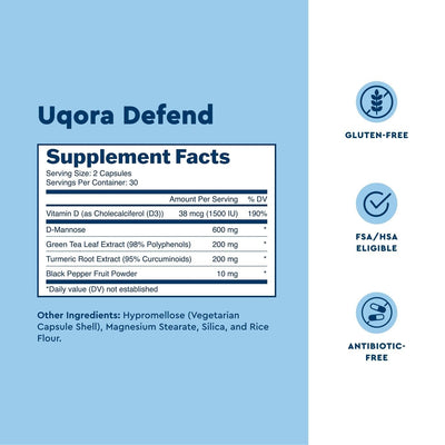 Uqora Defend bottle open with capsules visible to show capsule count and daily supply benefit