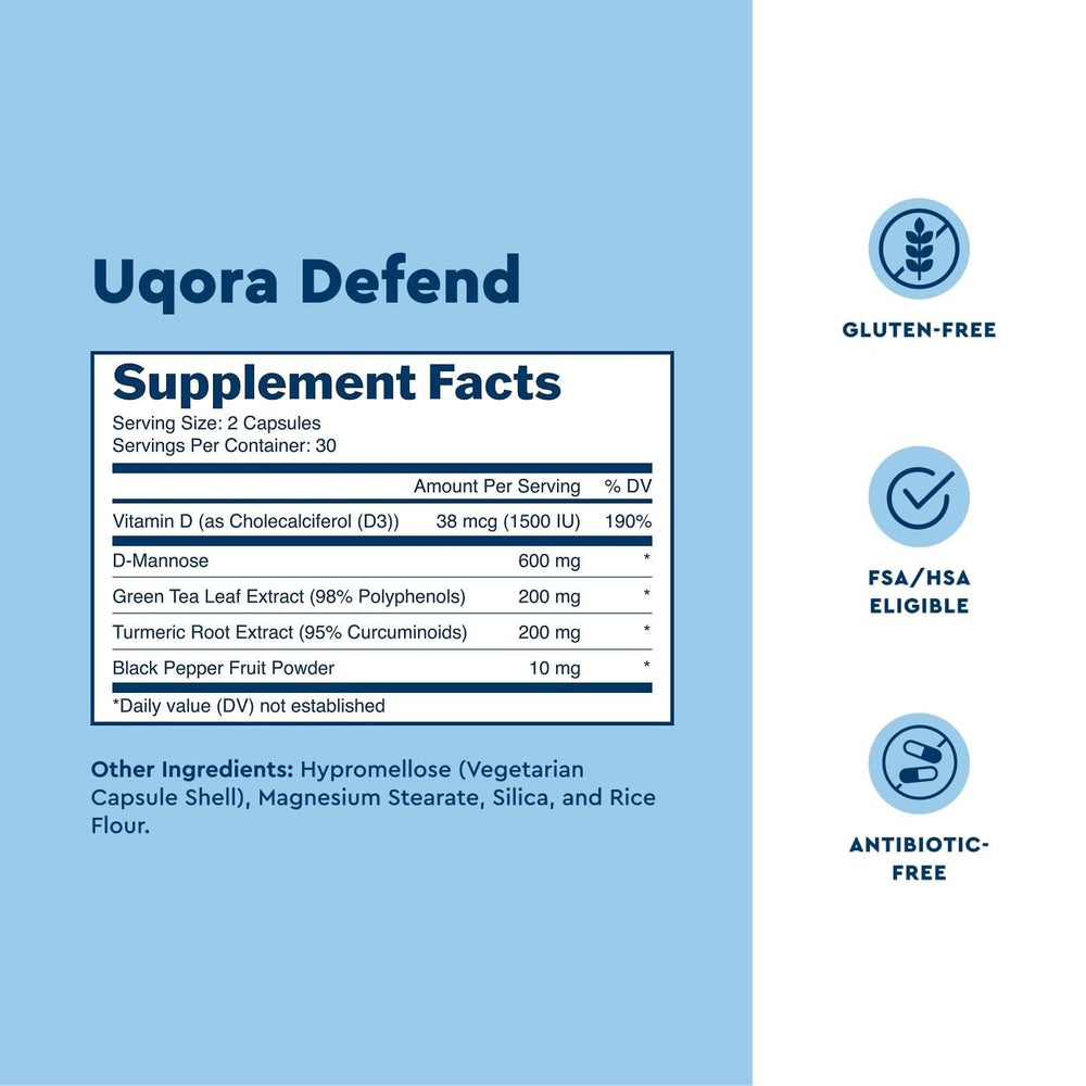 Uqora Defend bottle open with capsules visible to show capsule count and daily supply benefit