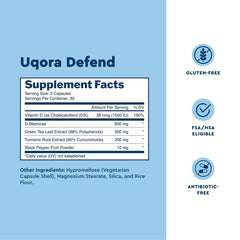 Uqora Defend bottle open with capsules visible to show capsule count and daily supply benefit