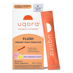 Uqora Flush frente del empaque mostrando 10 sobres y beneficio práctico
