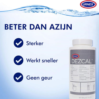 Urnex Dezcal bottle on a kitchen counter in a home coffee setup
