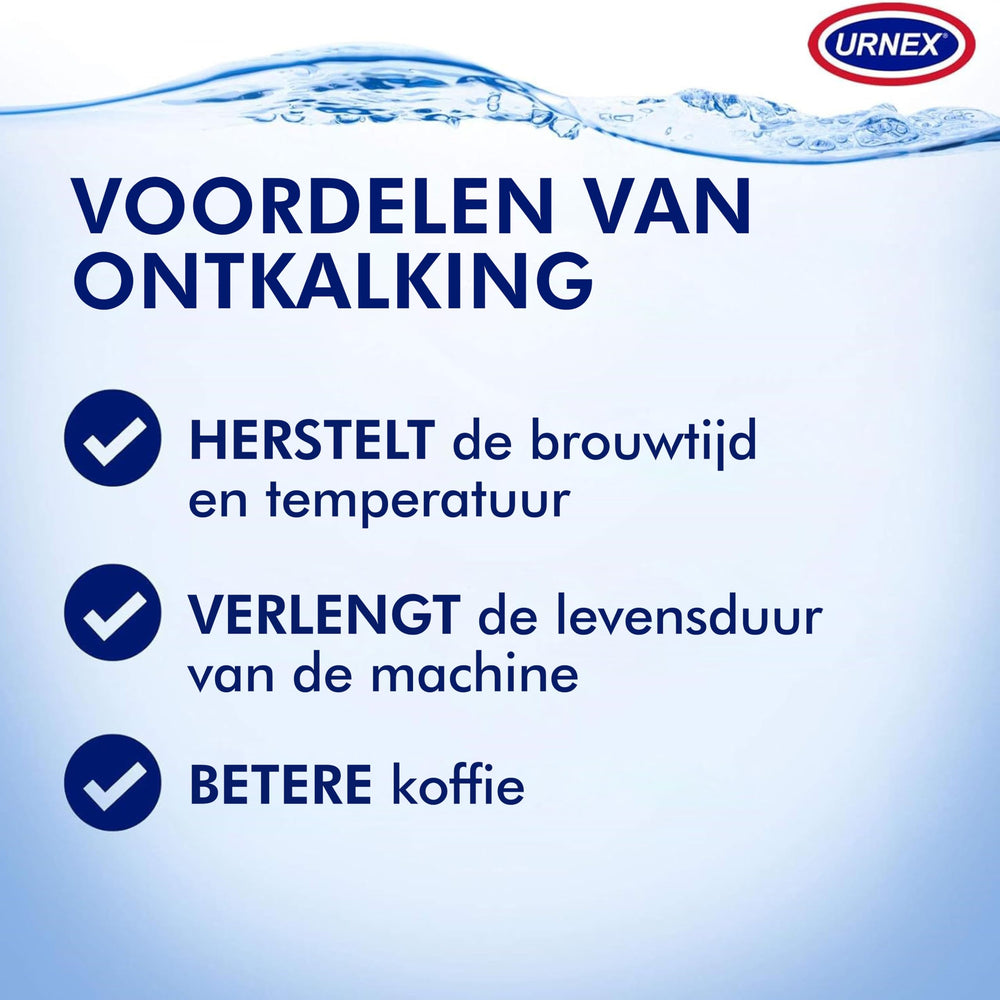 Urnex Dezcal label detail showing directions and safe usage benefits