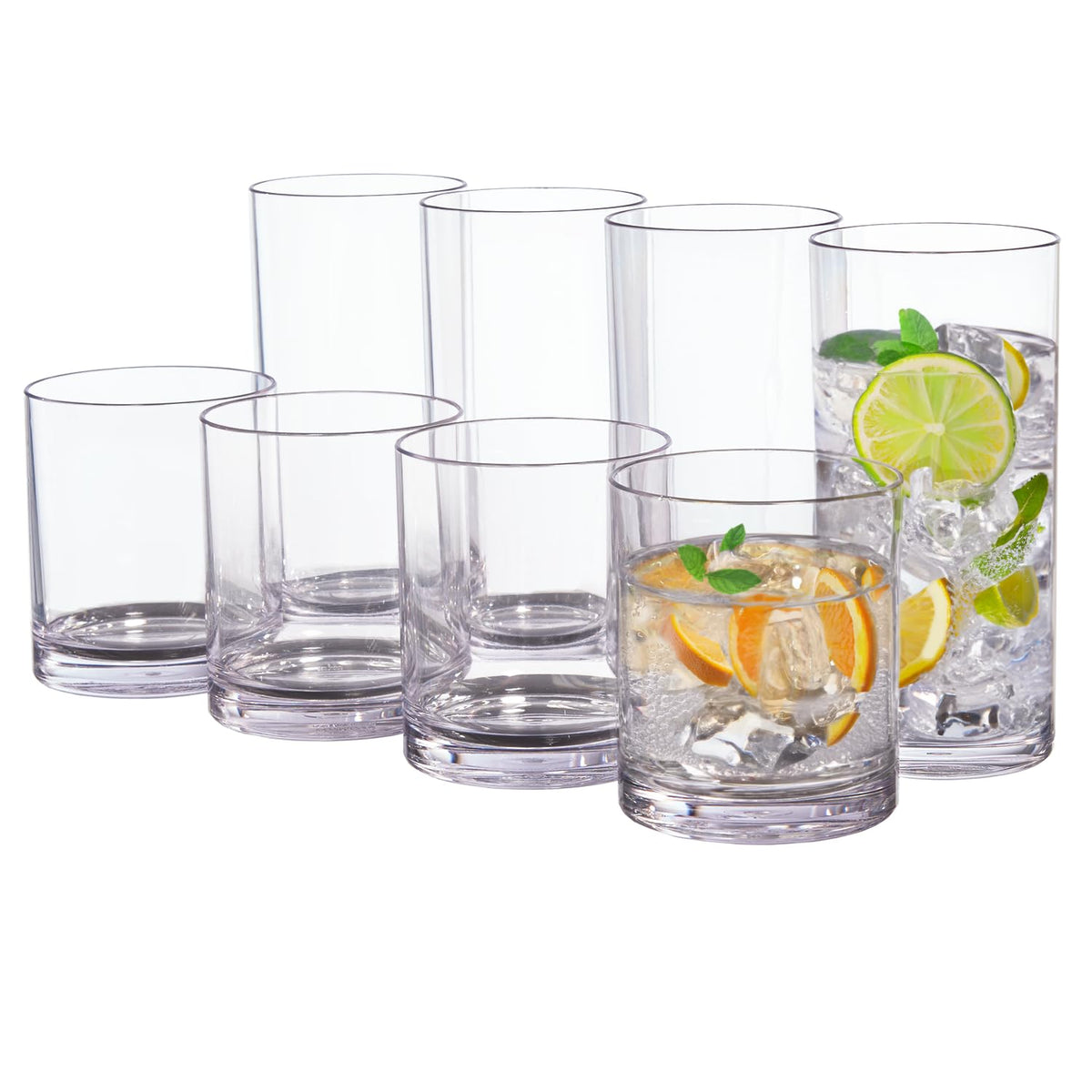 US Acrylic set frontal mostrando 4 vasos 12oz y 4 vasos 16oz, apariencia de vidrio