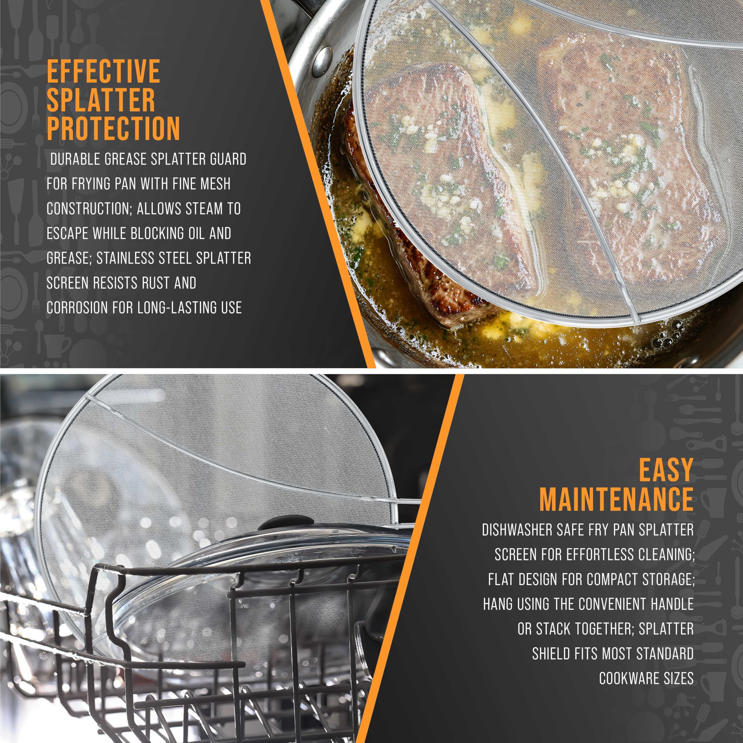 U.S. Kitchen Supply splatter guard on frying pan while cooking reduces oil splatter